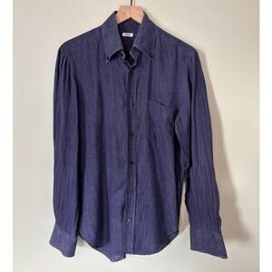 Barba Blue Linen Button Down Shirt Size 39, 15.5